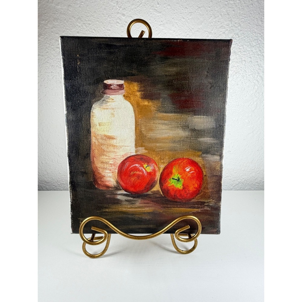 Still Life Painting Apples & Bottle | Small Vintage Style Canvas Art